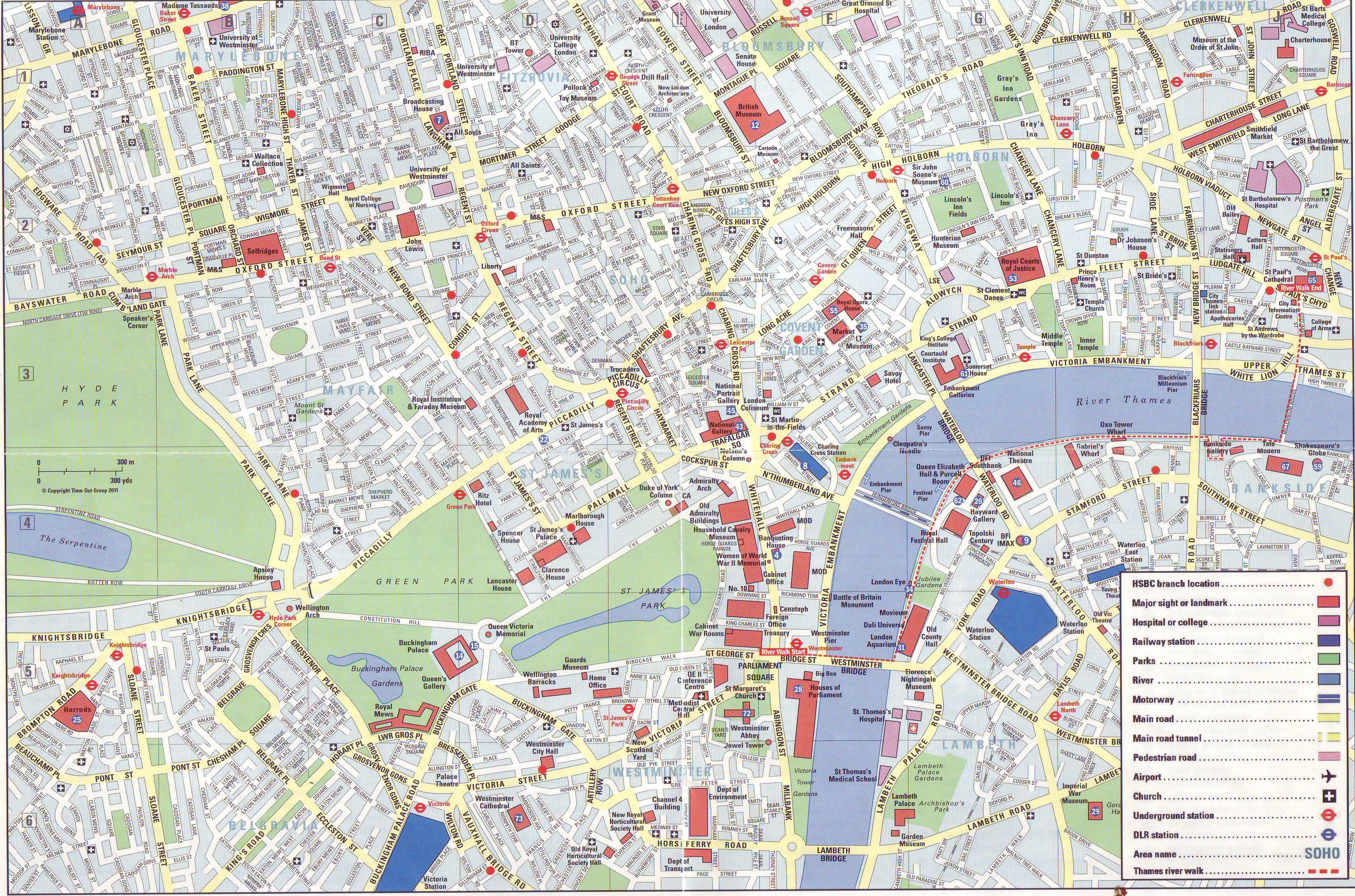 London belvárosának a papírtérképe, látnivalókkal, nevezetességekkel (letölthető)